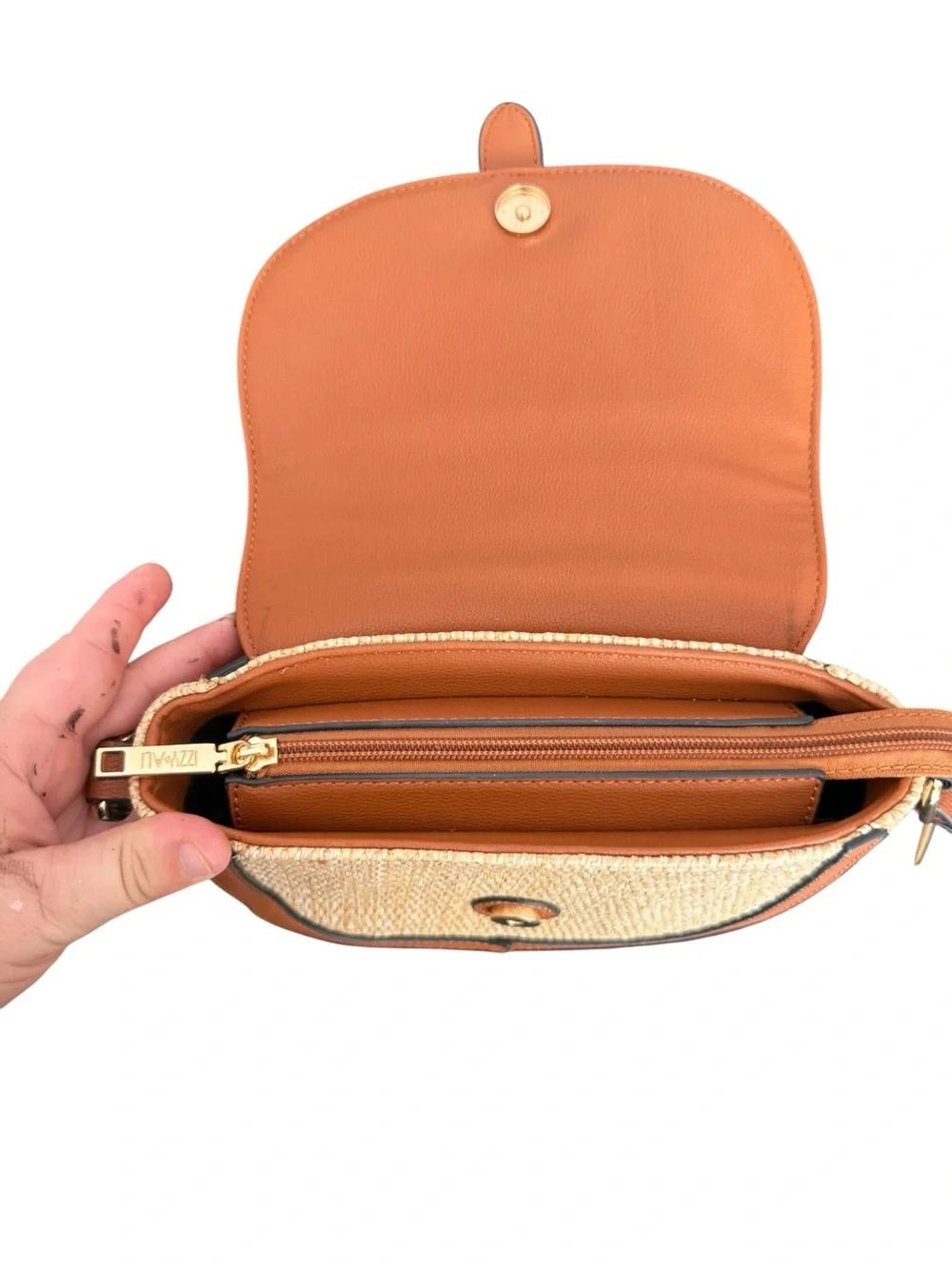 Woven Straw Crossbody Bag with Tan Leather Trim